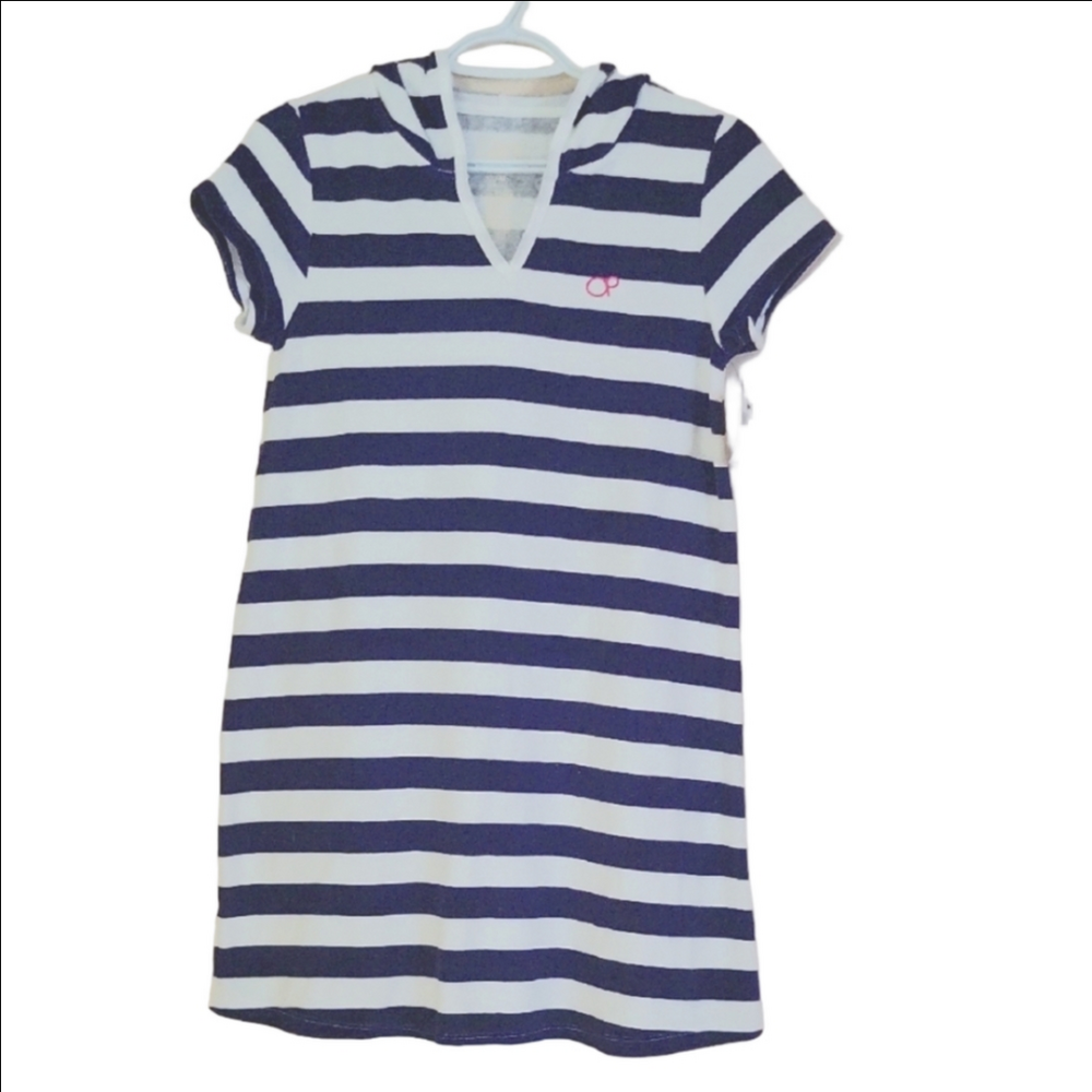 Ocean Pacific Girls Navy and White Striped Hooded Swim Coverup